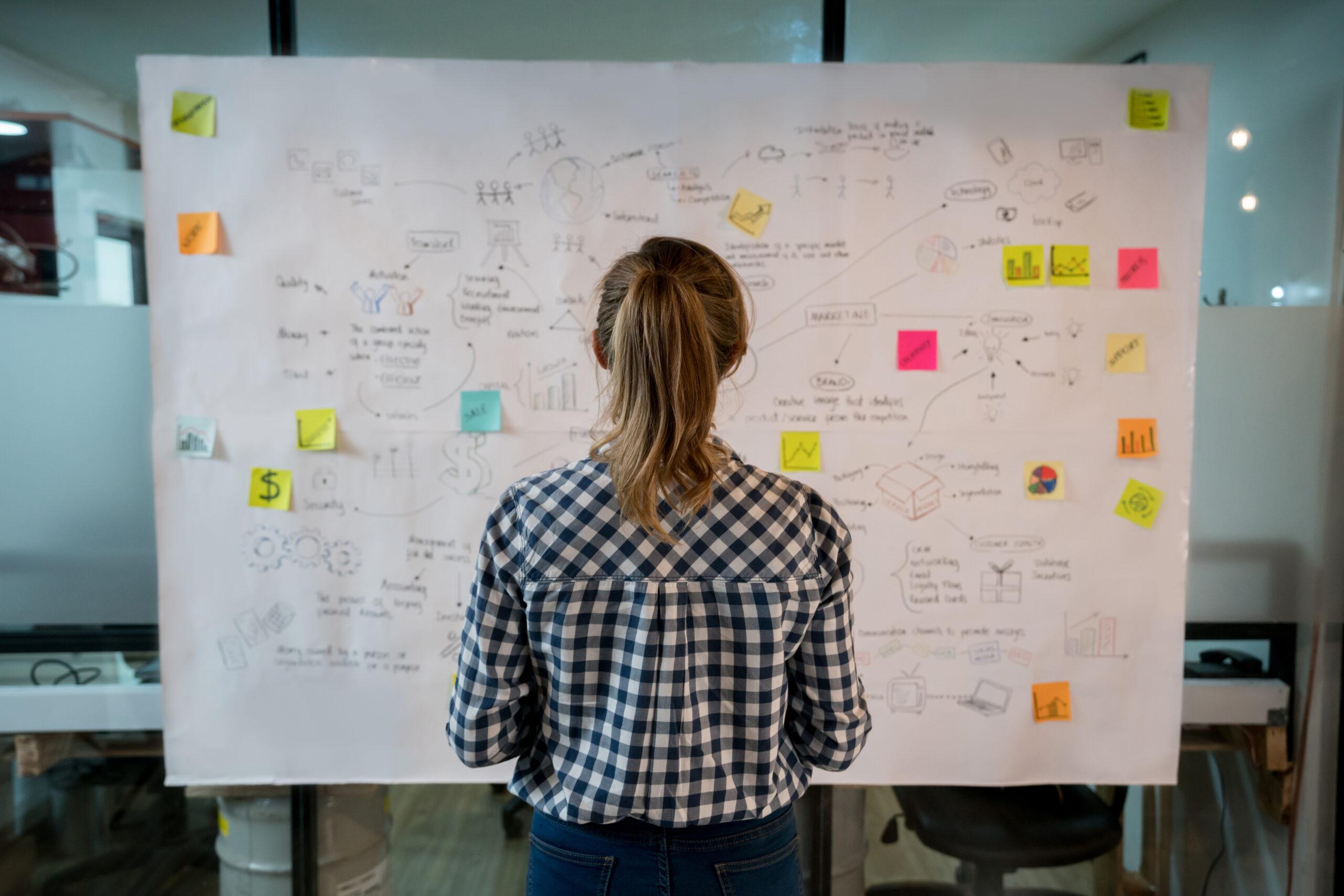 female marketer looking at a marketing strategy canvas