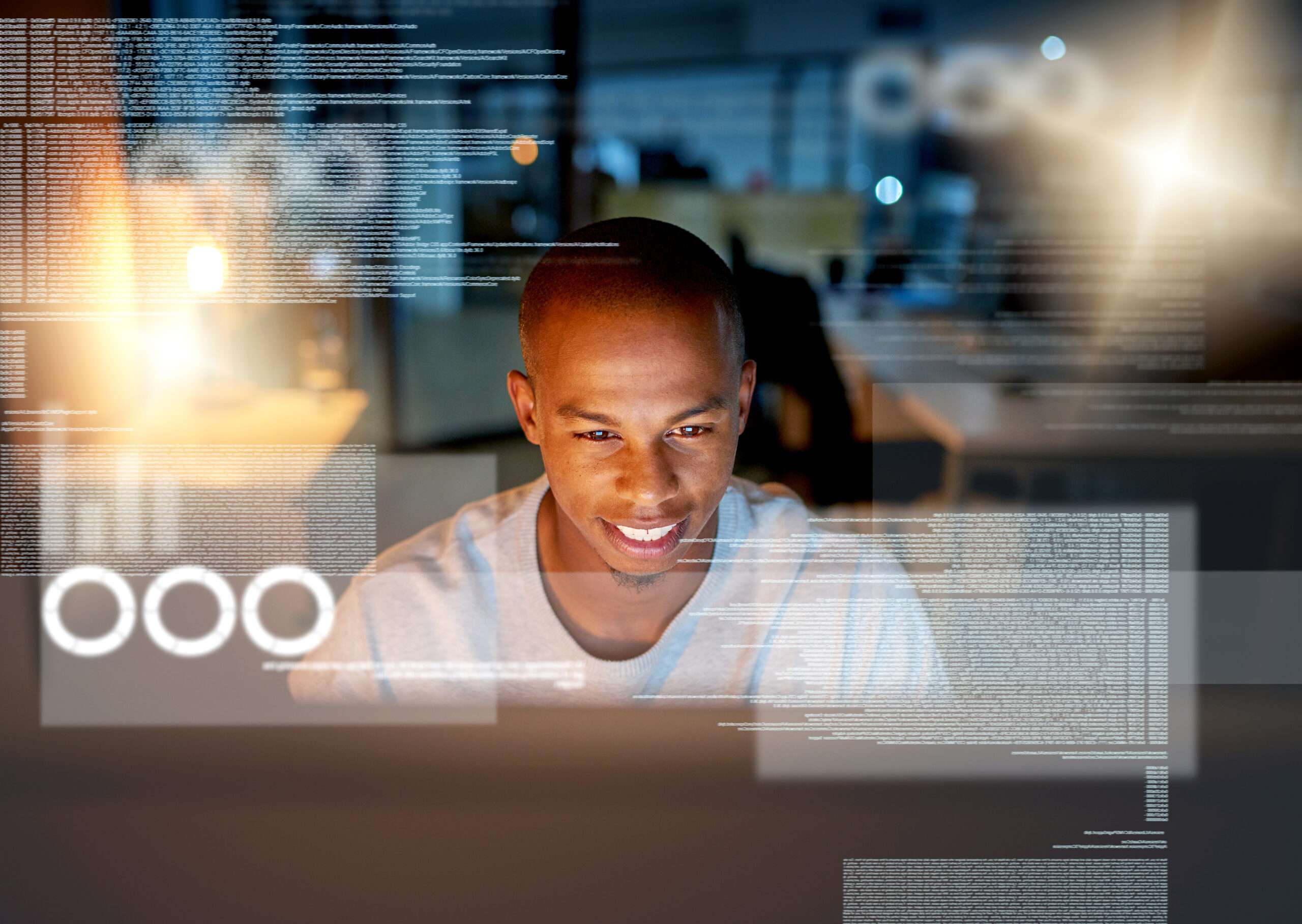 Shot of a programmer and SEO working on a computer code at night