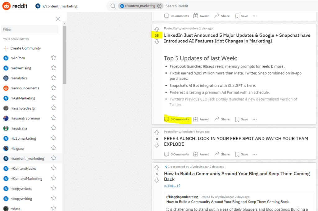 Screenshot of a Reddit sub-reddit community and highlighted the posts that are hot topics for content ideas with lots of upvotes and comments