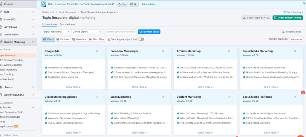 Using SEMRush topic research tool for content ideas