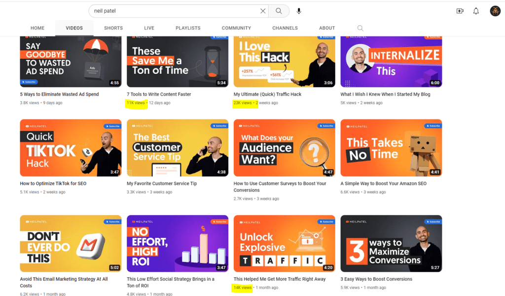 Screenshot of a YouTube channel's videos with higher than average views highlighted