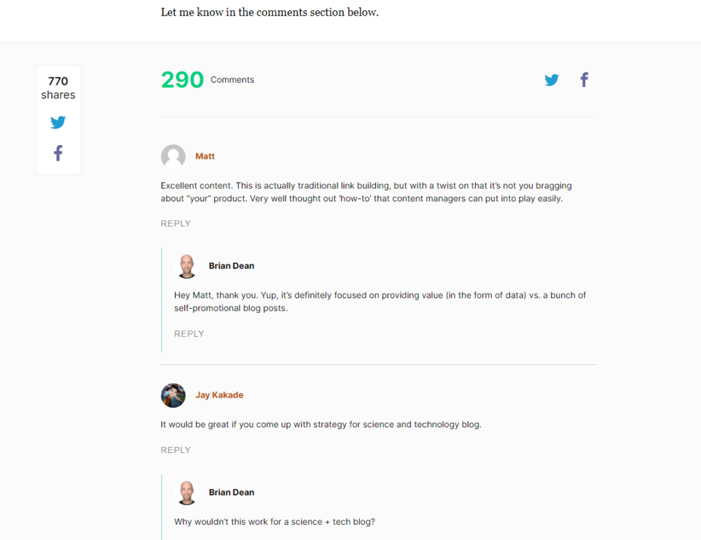 A screenshot of the blog comments on Backlinko to use as content ideas